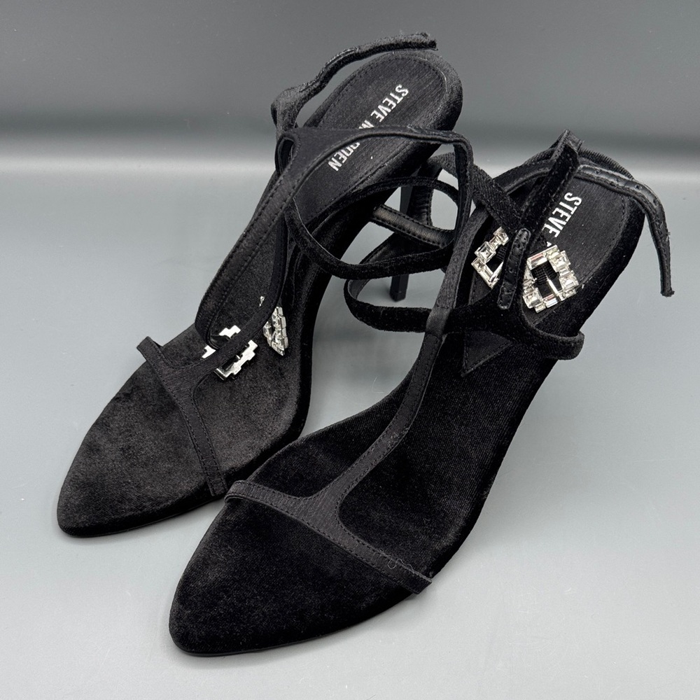 Steve Madden Black Suede Pointed Toe Strappy Heels with Rhinestone Buckles